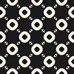 Vector minimalist seamless pattern with simple geometric shapes, circles and triangles. Funky style abstract geometrical background. Monochrome endless texture. Dark stylish design for decor, covers