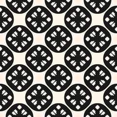 Ornamental seamless background. Asian style vector geometric pattern with simple floral shapes, circles. Abstract monochrome black & white texture, repeat tiles. Design for decor, fabric, textile, web
