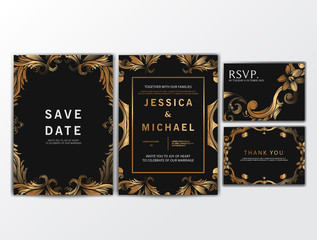 Wedding Invitation Cards with Ornament Golden Color