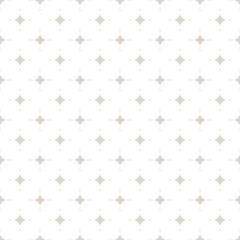 Subtle vector seamless pattern with tiny diamond shapes, stars, rhombuses. Simple repeat geometric background. Abstract texture in white and light gray colors. Elegant vintage ornament. Luxury design