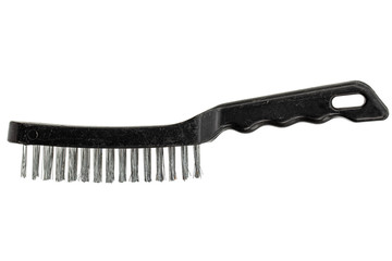 Steel wire brush with handle from black plastic for cleaning and polishing hard or metal equipment, isolated on white background