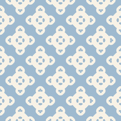 Vector ornamental seamless pattern. Elegant geometric background with rounded flower figures, repeat tiles. Ornament texture in retro vintage colors, soft blue and beige. Repeat decorative design