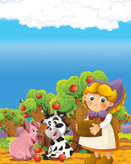 cartoon scene with happy farmer woman on the farm ranch illustration for the children