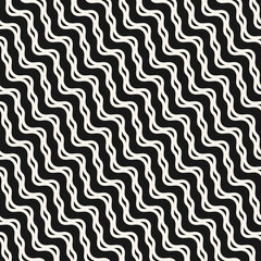 Wavy lines seamless pattern. Vector abstract monochrome texture with diagonal waves, stripes, curved shapes, ropes, threads. Illustration of ripple surface. Simple black and white repeat background