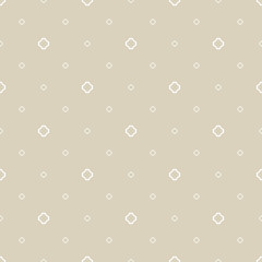 Vector minimalist golden geometric seamless pattern. Subtle texture with small floral shapes, outline crosses. Simple abstract white and beige background. Minimal design for decor, wallpapers, web