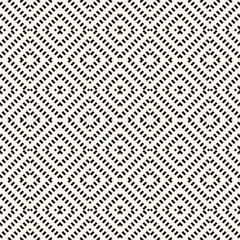 Vector geometric seamless pattern. Black and white abstract graphic background with diagonal lines, squares, small rhombuses. Repeat monochrome ethnic texture. Design for decor, textile, furniture