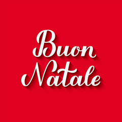 Buon Natale calligraphy hand lettering with shadow on red background. Merry Christmas typography poster in Italian. Easy to edit vector template for greeting card, banner, flyer, invitation, etc.