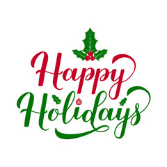 Happy Holidays calligraphy hand lettering isolated on white. Merry Christmas and Happy New Year typography poster. Vector template for greeting card, invitation, banner, flyer, sticker, etc.