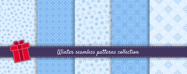 Christmas seamless patterns collection. Vector set of winter holiday background swatches. Cute modern abstract textures with snowflakes, gifts, scandinavian nordic ornament. Blue colored repeat design