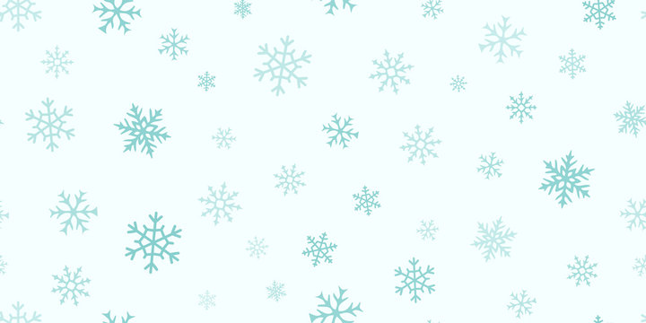 Vector snowflakes background. Simple Christmas and New Year seamless pattern with snow, different snowflakes on green background. Winter holidays theme. Design for decoration, banner, wallpapers, web