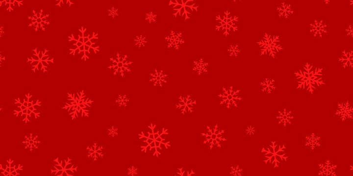 Vector snowflakes background. Simple red Christmas and New Year seamless pattern with snow, different snowflakes. Winter holidays theme. Design for decoration, banner, wallpaper, web, print, cover
