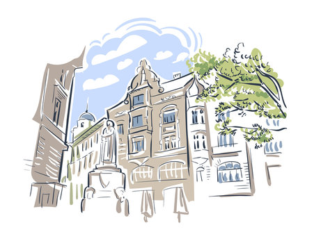 city buildings sketch style, blue sky clip art preview