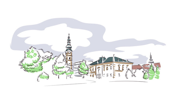 cityscape sketch, green trees, clock tower, buildings clip art preview