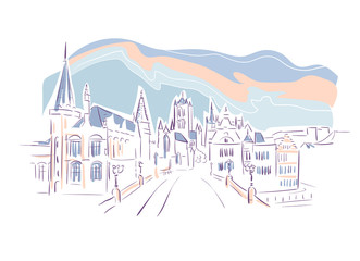 Belgium Ghent Europe vector sketch city illustration line art
