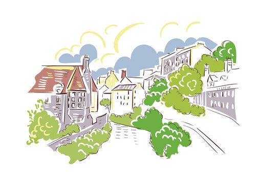 cityscape sketch with green trees and buildings clip art preview