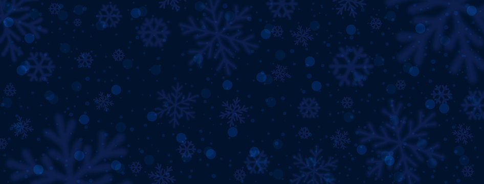 Dark blue christmas banner with blurred snowflakes. Merry Christmas and Happy New Year greeting banner. Horizontal new year background, headers, posters, cards, website. Vector illustration