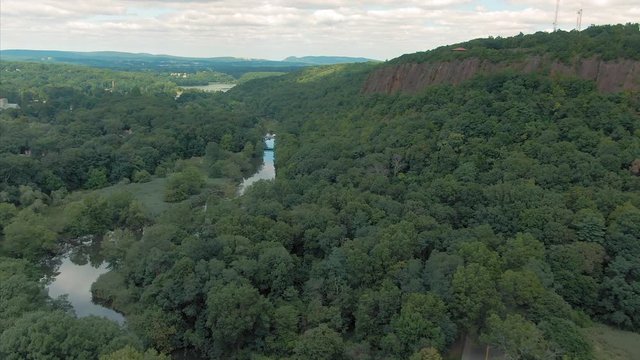 Aerial: Mill River & East Rock Park. Situated next to Yale University. New Haven. Connecticut, US.