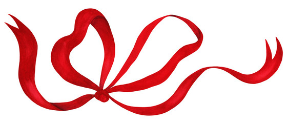 Bow with red ribbons hand drawn watercolor, isolated on white background. Imitation of satin ribbon. Perfect for making cards, wedding invitations prints, gift wrappers, stickers.