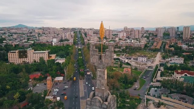 Aerial over monument in Yerevan, capital city of Armenia.