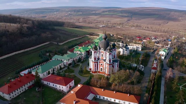 Orbital aerial drone view of Curchi Monastery in Orhei, Moldova