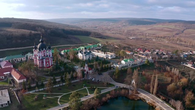 Orbital aerial drone view of Curchi Monastery in Orhei, Moldova