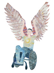 Hope can make you fly. Optimism of a person with a disability helps to achieve goals. Abstract mixed media computer and hand drawn disabled person in wheelchair with wings of hope isolated on white