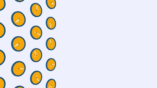 CG animation of simple modern pattern of orange clocks starting with random time and running with different speeds. Isolated on white. Clean left for your text, design, logo, banner. 4K seamless loop