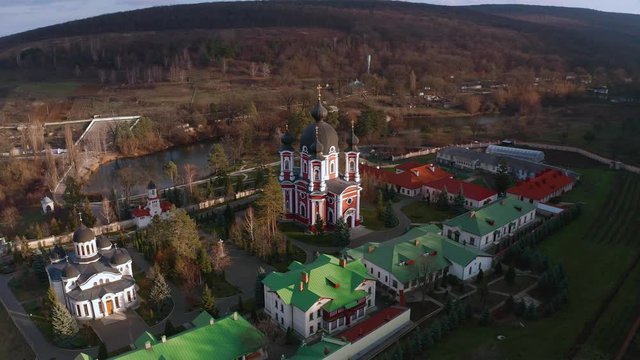 Orbital aerial drone view of Curchi Monastery in Orhei, Moldova