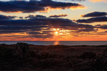 Orange sunset sea horizon view at sunset