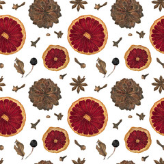 Christmas seamless pattern with oranges and spices and cones on a white