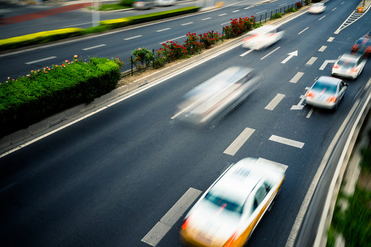 Car Driving On City Road, High Angle View, Beijing China.