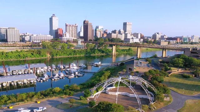 Aerial over the waterfront area reveals downtown business district of Memphis, Tennessee, from Mud Island.