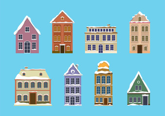 Set of european colorful old houses with snow. flat design