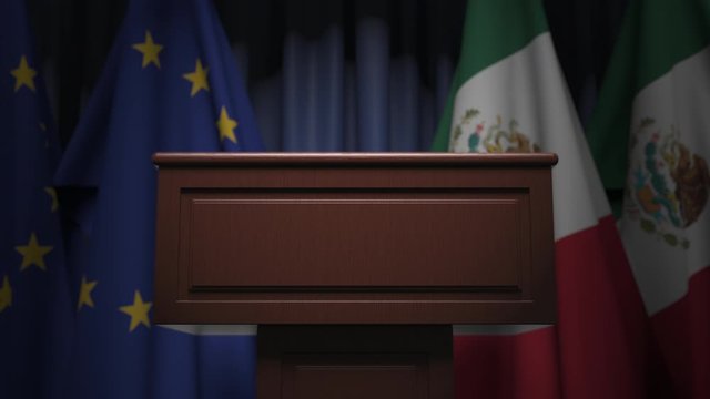 Many flags of Mexico and the EU behind speaker tribune, 3D animation