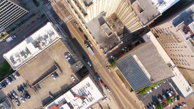 Aerial looking straight down of urban city downtown business district buildings streets, Memphis, Tennessee.