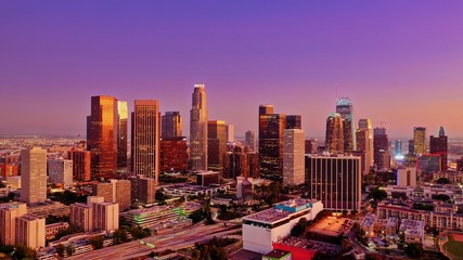 Sunset aerial shot of down town LA © Cameron