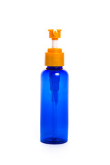 Plastic pump bottle blue and orange color without label isolated on white background