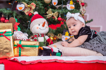 A white baby in Christmas tree decoration with black dress and white bow resting on her hand something