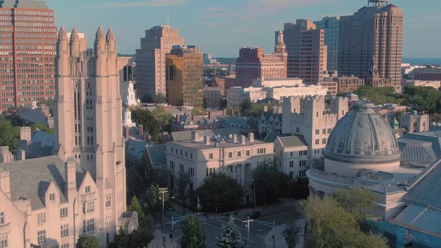 Aerial: Establishing shot of Yale University campus and downtown. New Haven, Connecticut, US. 26 August 2019