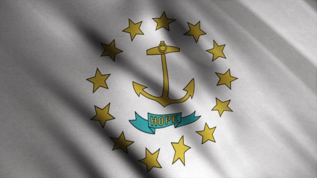 Abstract Rhode Island flag waving in the wind. Animation. The flag is white and consists of a gold anchor in the center surrounded by thirteen gold stars.