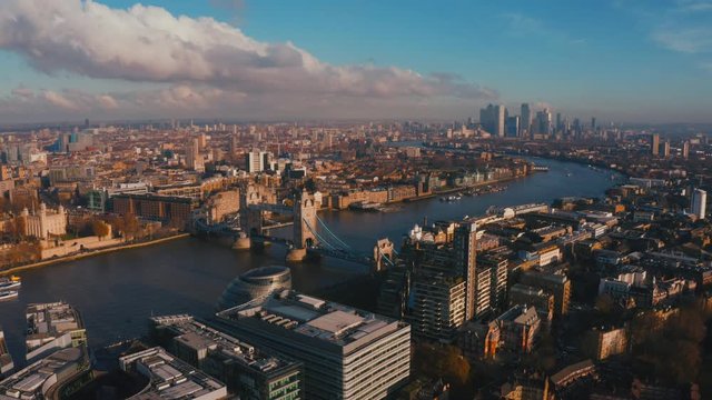 South London Aerial City View around Waterloo, Tower Bridge, Greenwich and Canary Wharf Skyline 4K Ultra HD