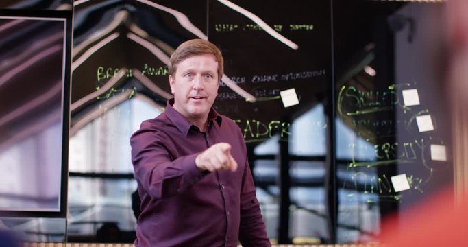 4K Angry businessman giving employees a serious talking to in a meeting. Slow motion.