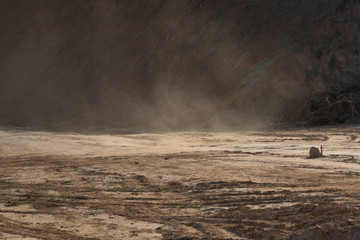 Strong wind blows dust across the dirt road - obrazy, fototapety, plakaty