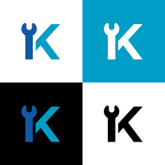 Wrench and letter K logo icon, repair and maintenance concept - Vector