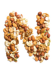 Letter N of the English alphabet from a mixture of hazelnuts, almonds, walnuts, peanuts, cashews, pumpkin seeds on a white isolated background. Food pattern made from nuts. Bright alphabet for shops.