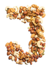 Letter J of the English alphabet from a mixture of hazelnuts, almonds, walnuts, peanuts, cashews, pumpkin seeds on a white isolated background. Food pattern made from nuts. Bright alphabet for shops.