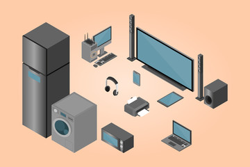 Group of home appliances and electronic technology objects isometric set, 3d vector illustration.