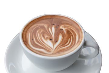 Hot latte art coffee heart shape with clipping path in a white cup on white background