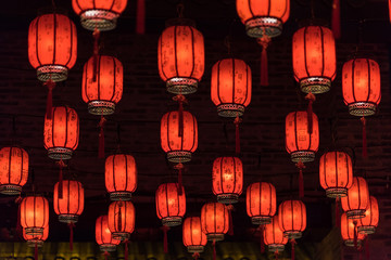 Festive red lanterns in China town.Explanation of the text on the lantern: blessings, prayers