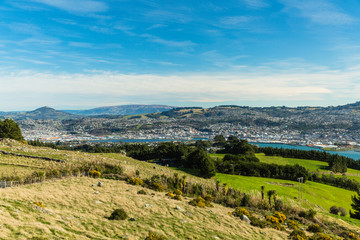 Fototapeta na wymiar ニュージーランド　ダニーデンの展望台からの街並みとオタゴ港